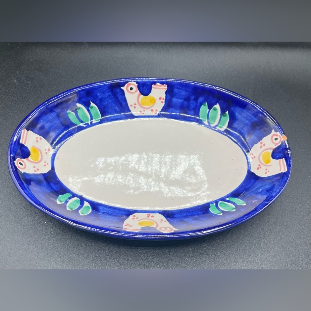 Blue Chicken Bird Platter Plate 8"x5.5” Pottery Made In Montero, Bolivia EUC